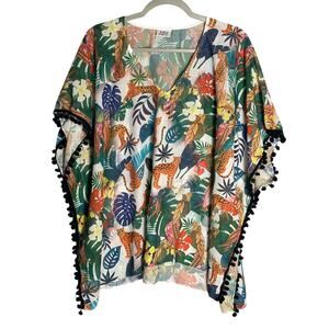 Lulla Collection by Bindya Tropical Animal Print Kimono Coverup‎ Pom Fringe NWOT
